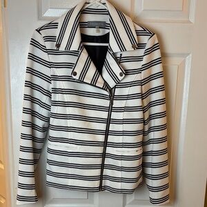 Bagatelle Black and White Striped Biker Style Short Jacket